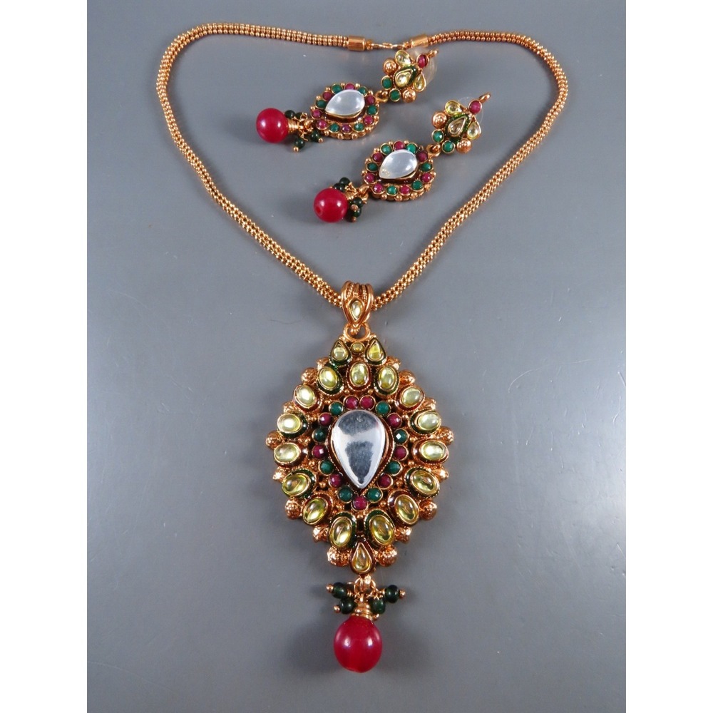 INDIAN BOLLYWOOD Kundan Bridal Set NECKLACE EARRINGS Gold Plate RED GREEN